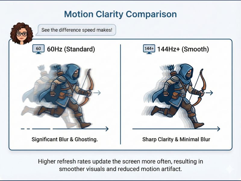 Diagram illustrating the difference between 60Hz and 144Hz refresh rate, showing smooth vs choppy motion blur.