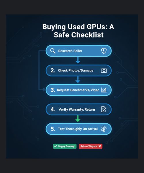 Flowchart detailing how to safely buy a used budget graphics card and check for physical or performance damage.