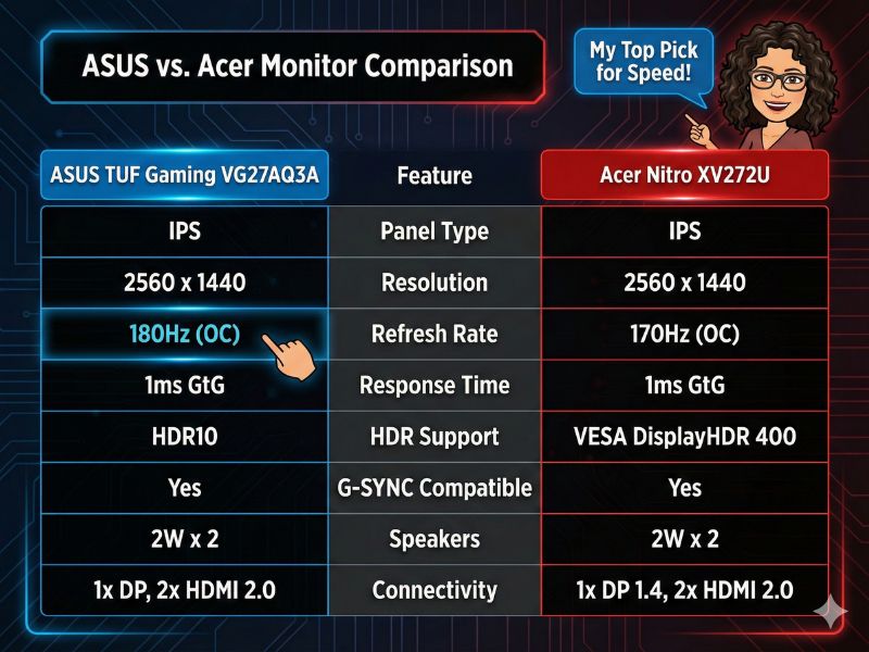 Infographic comparison table of ASUS VG27AQ3A (180Hz) vs Acer Nitro XV272U (170Hz) for budget 1440p gaming monitors.