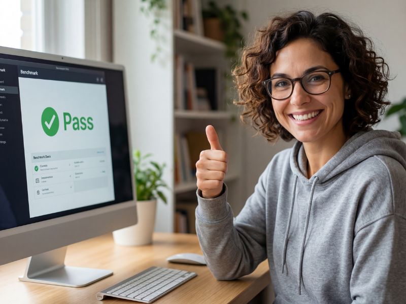 Harware expert Elena Rodriguez giving a thumbs up next to a calibrated monitor