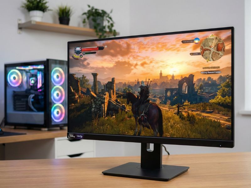 Close-up shot of the recommended ASUS TUF Gaming VG27AQ3A budget 1440p 144Hz gaming monitor displaying smooth, high-resolution gameplay.