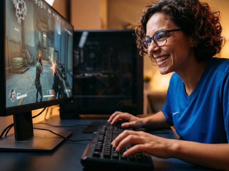 Photorealistic action shot of a hardware analyst enthusiastically and rapidly typing on a membrane keyboard with a look of concentration.