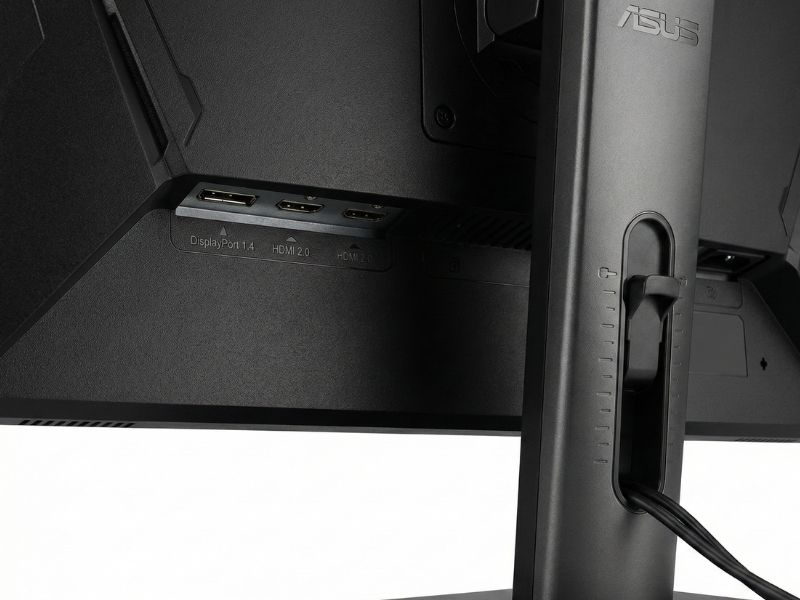Detailed product shot of the back of the ASUS TUF Gaming VG27AQ3A monitor showing DisplayPort 1.4 and HDMI 2.0 ports.