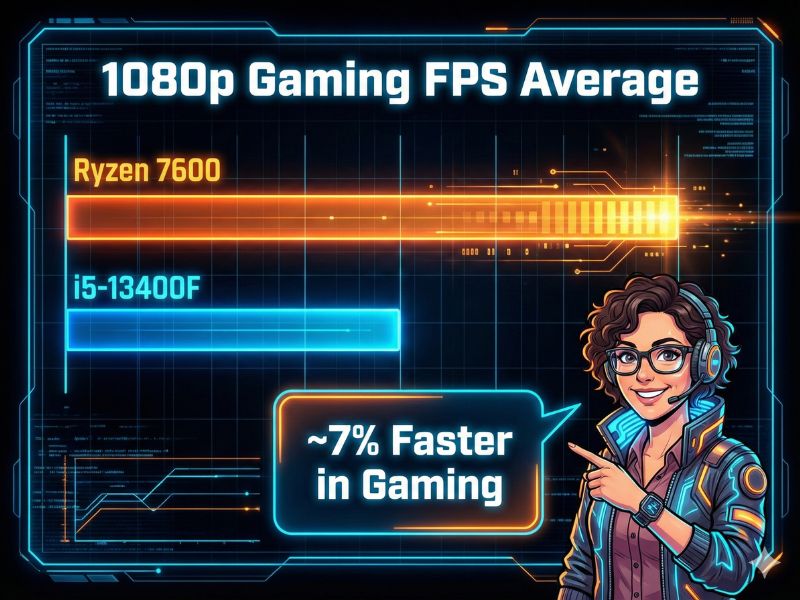 Benchmark bar chart showing AMD Ryzen 5 7600 vs Intel Core i5-13400F gaming performance fps.