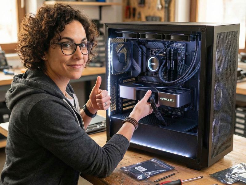 Elena Rodriguez installing an RTX 4060 into a PC case, giving a thumbs up.