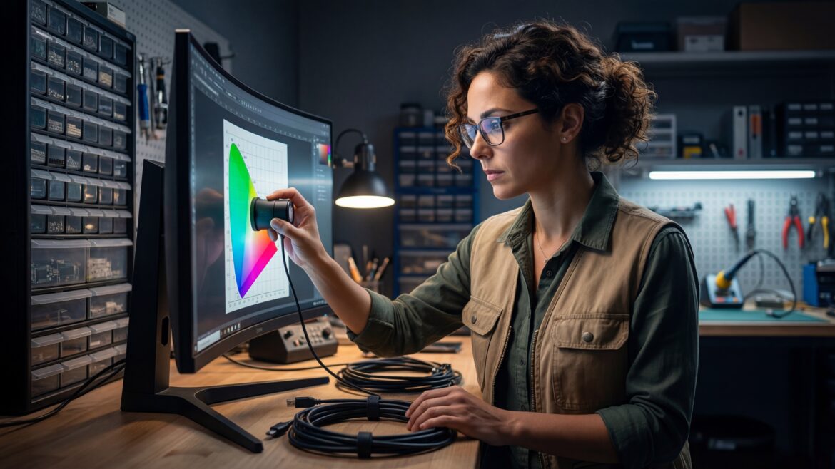 Elena Rodriguez calibrating a gaming monitor with specialized tools in her workshop.