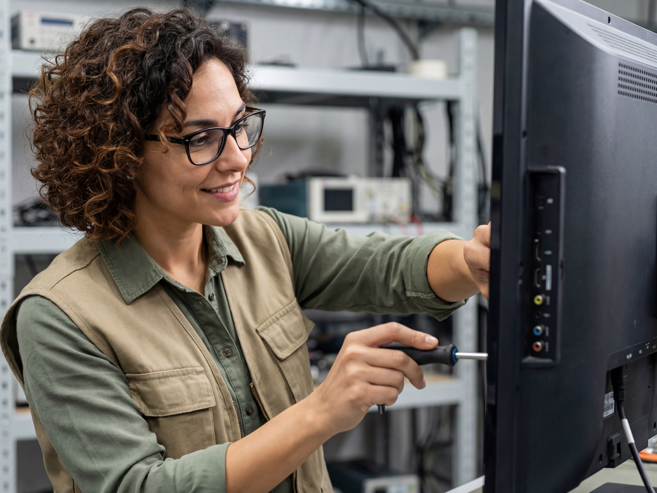 Elena Rodriguez adjusting monitor OSD settings for peak efficiency.