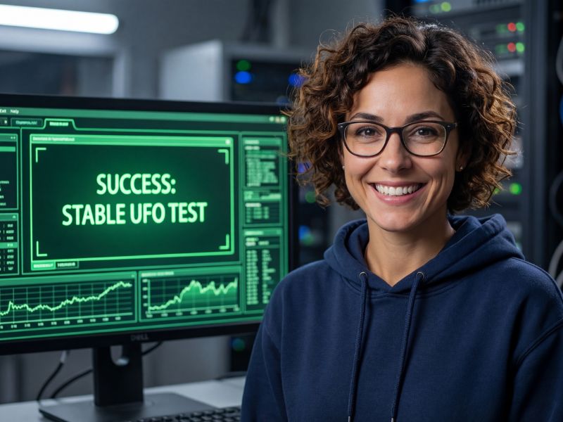 Elena Rodriguez celebrating a successful stable monitor overclock.
