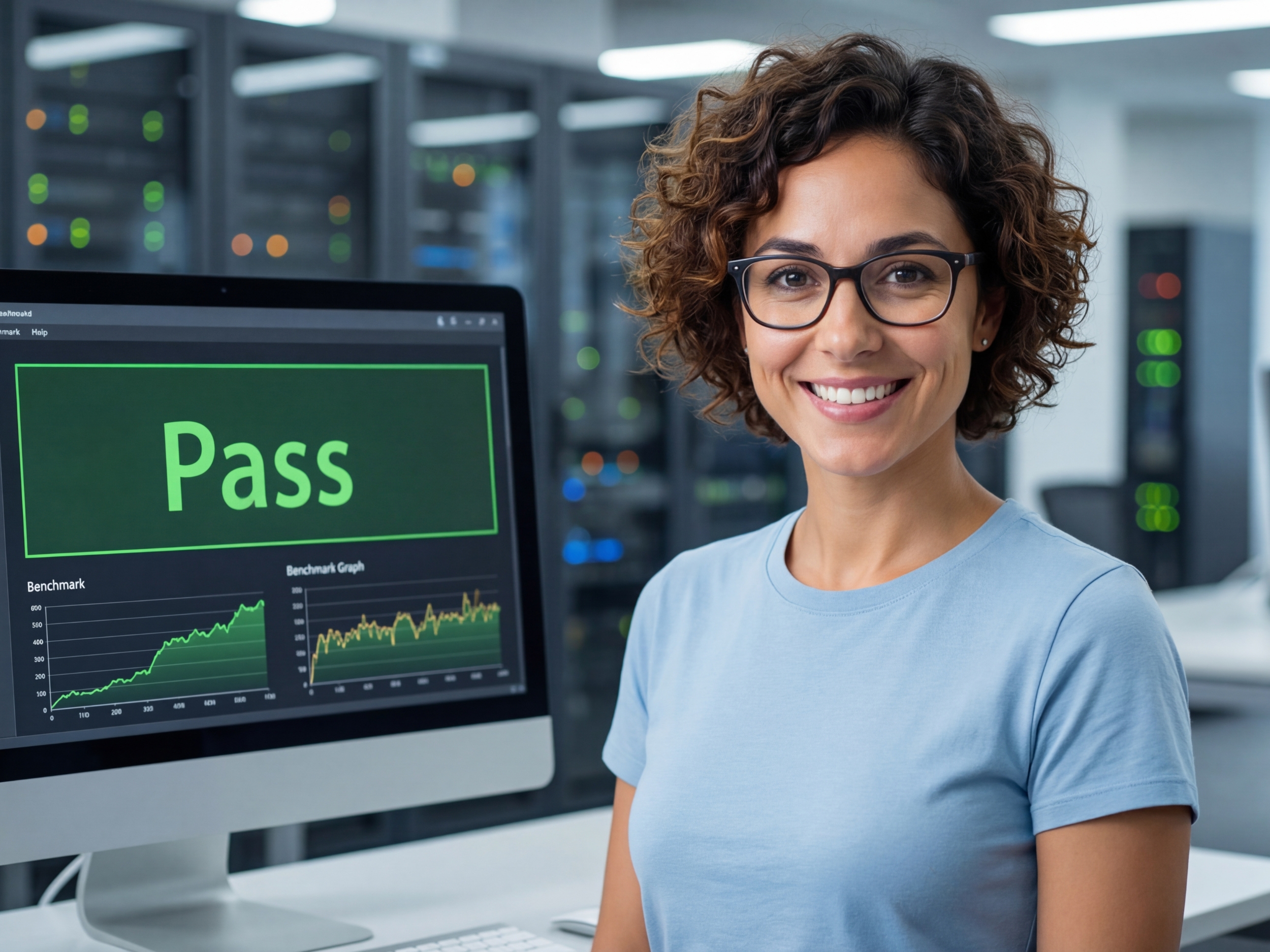 Elena Rodriguez giving a thumbs up next to a performance benchmark result.