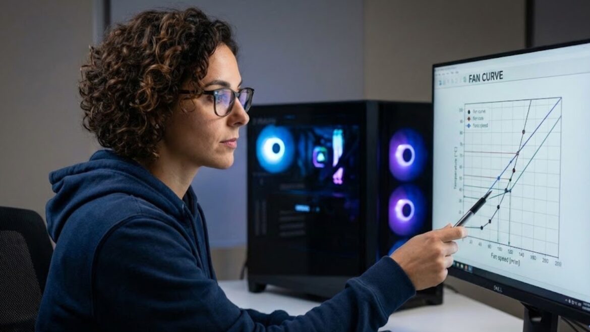 Elena Rodriguez tuning a PC fan curve graph on a monitor for silent operation.