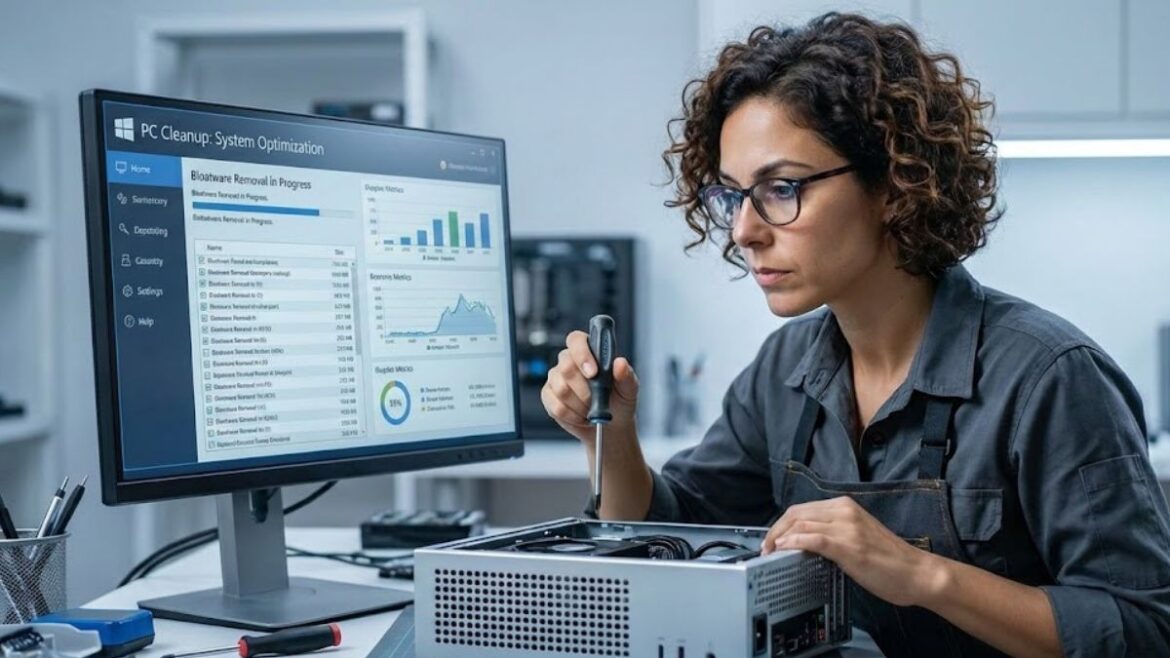 Photorealistic image of a hardware analyst reviewing free PC optimization software settings to remove bloatware and maximize system efficiency.