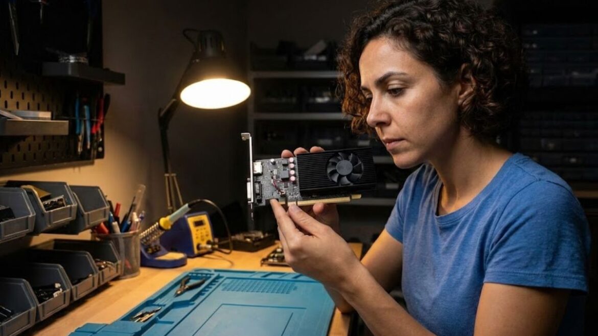 Best low profile graphics card no external power review, senior analyst holding compact GPU.