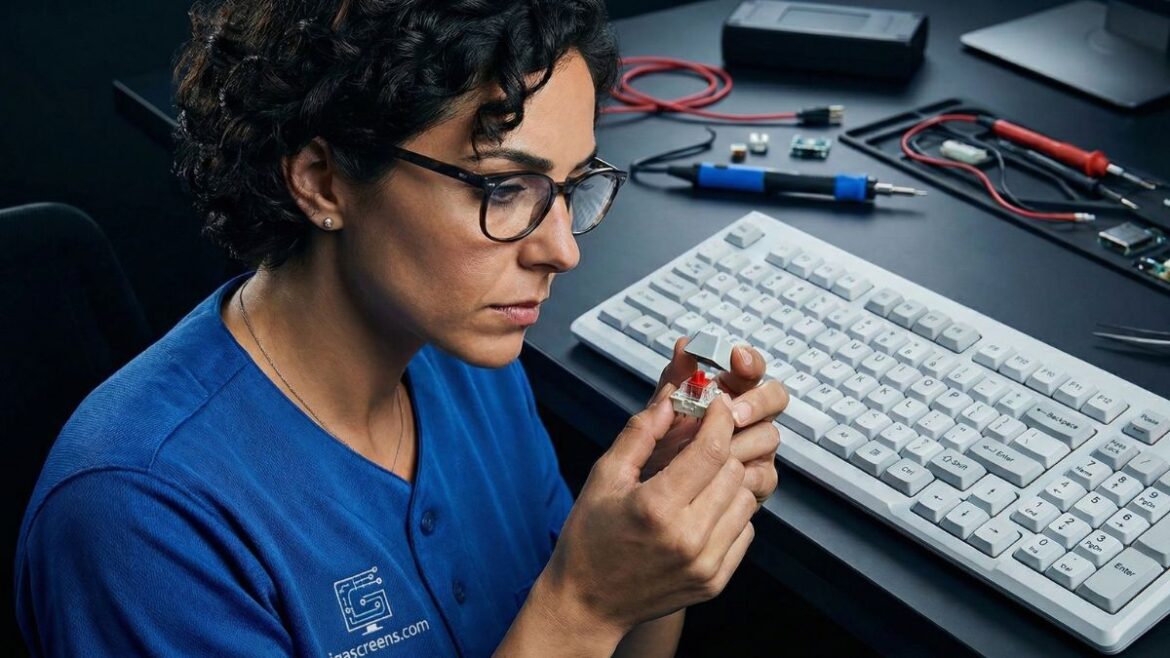 Photorealistic close-up of a senior hardware analyst examining a mechanical switch next to a clean membrane keyboard.