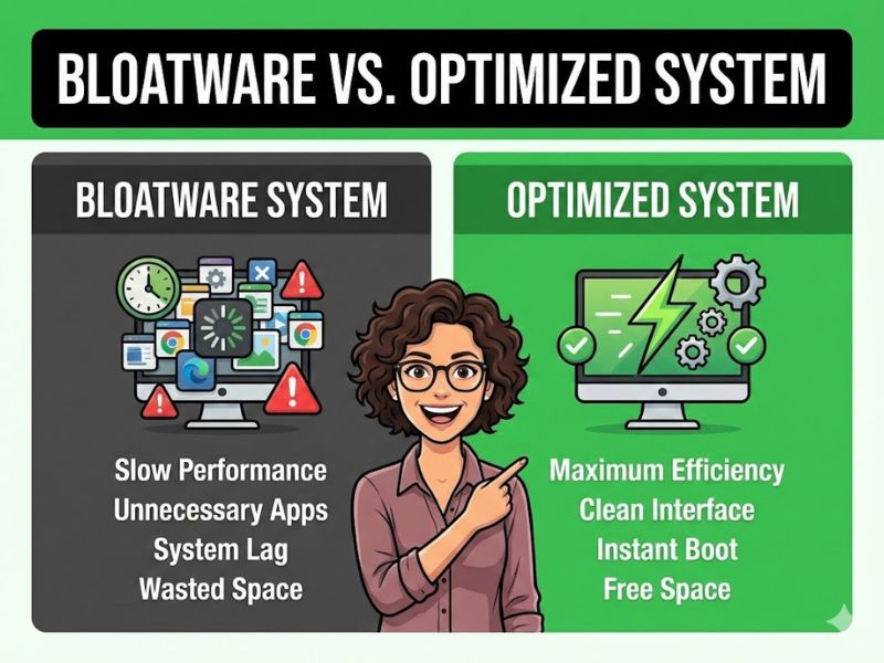 Infographic comparison showing the performance difference between a system cluttered with bloatware and a system optimized using free software.