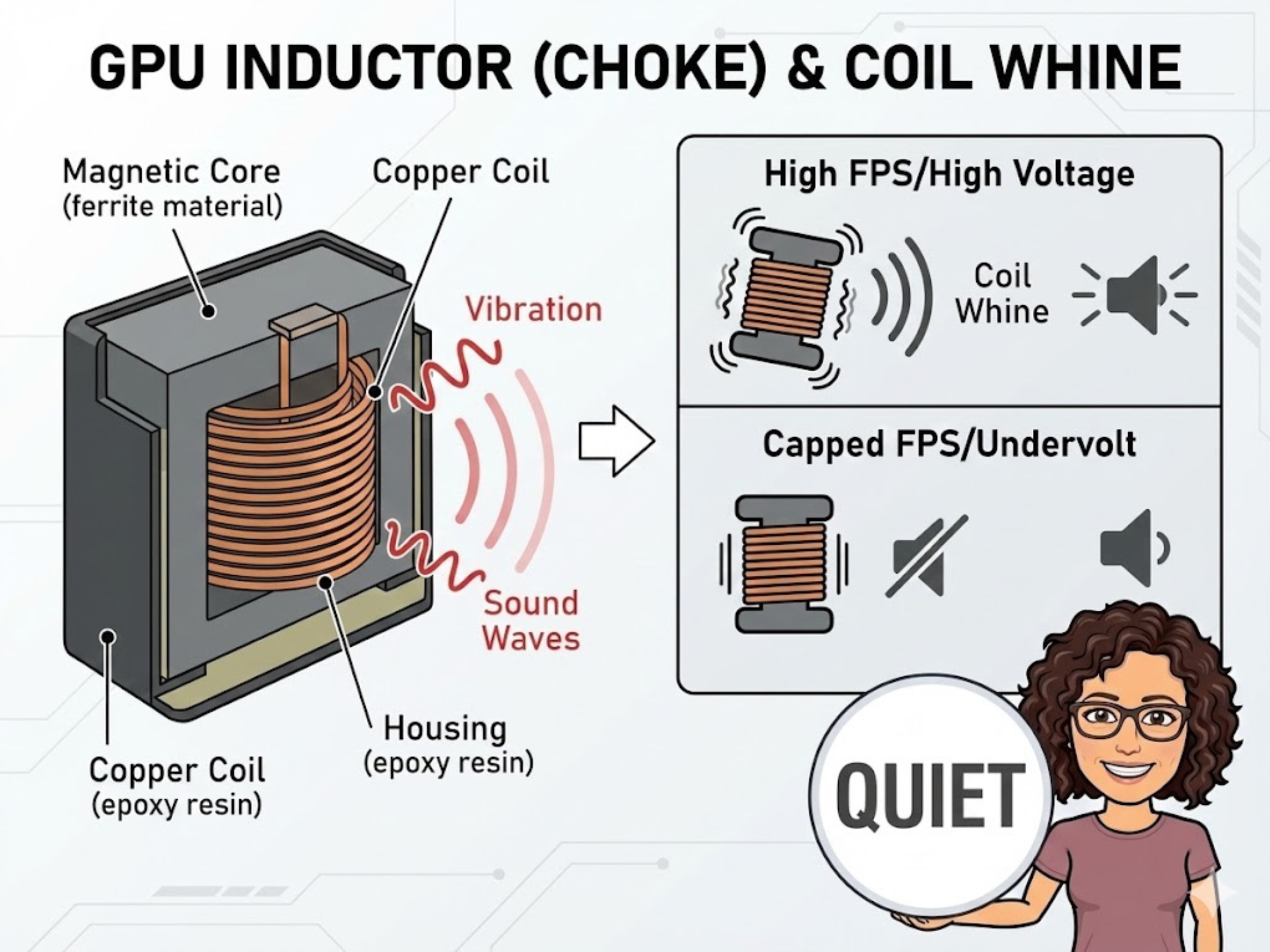 Infographic diagram explaining how electrical vibration in inductors causes coil whine noise.