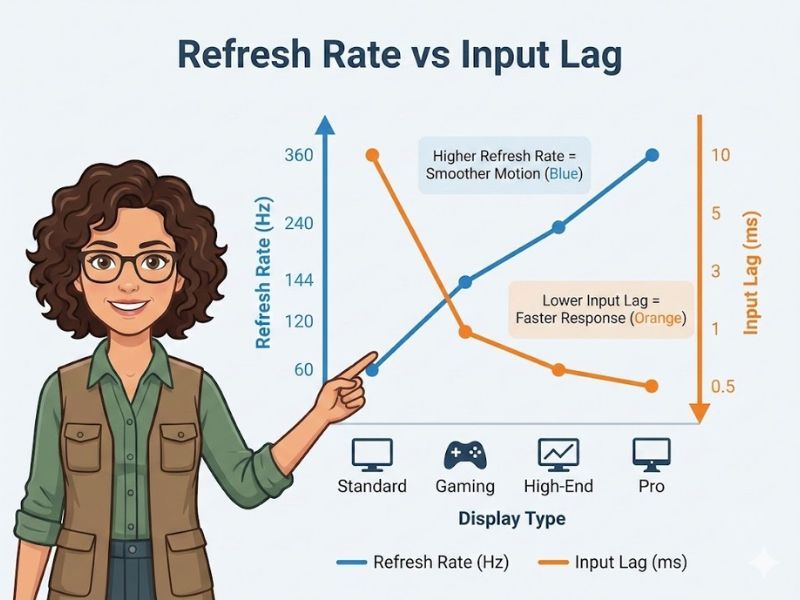 Comparison chart of refresh rate vs input lag with cartoon avatar of Elena Rodriguez.