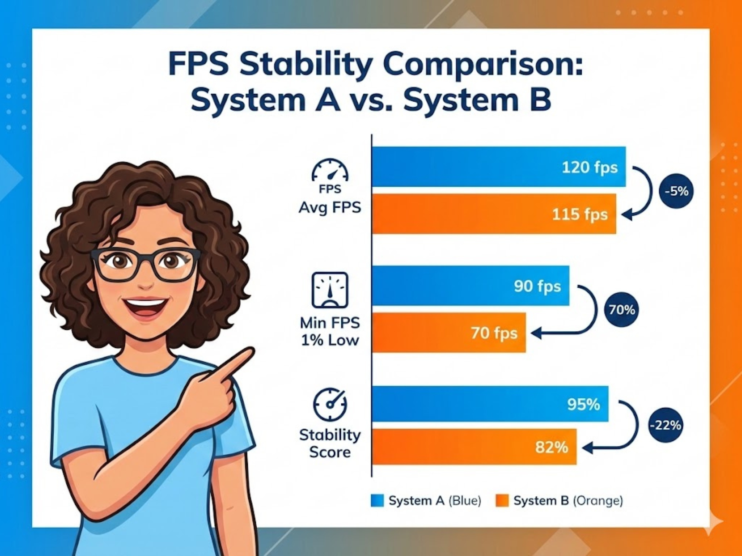 Infographic comparing refresh rates with cartoon avatar of Elena Rodriguez.