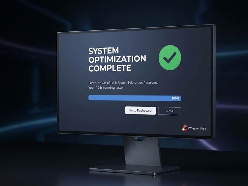High-resolution screenshot of a free PC optimization software tool interface showing successful bloatware removal and system cleanup.