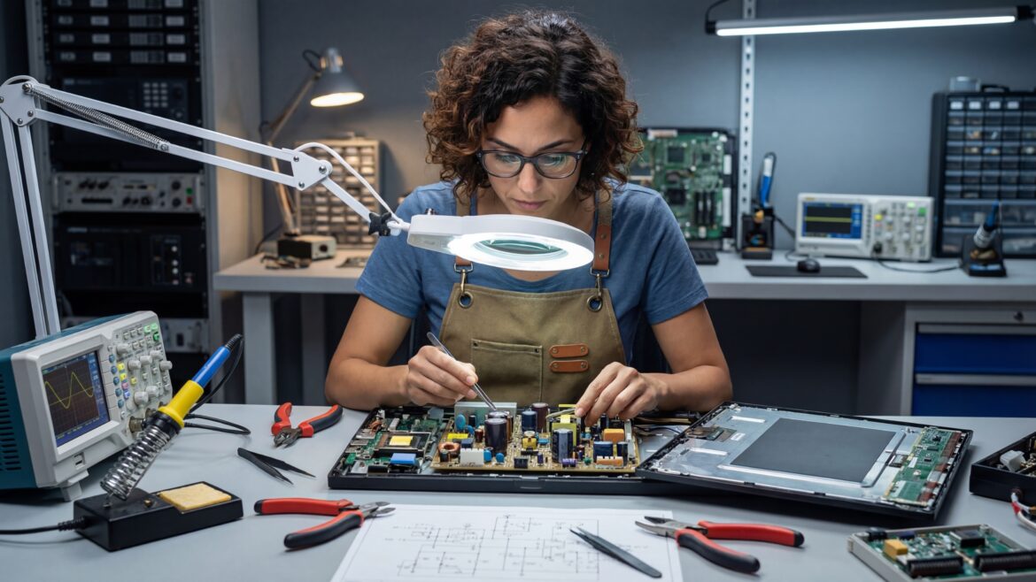 Elena Rodriguez inspecting the internal capacitor board of a disassembled gaming monitor.