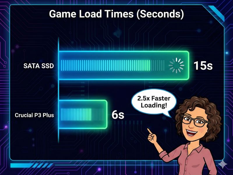 Infographic comparing SATA SSD vs NVMe SSD game load times showing dramatic speed difference