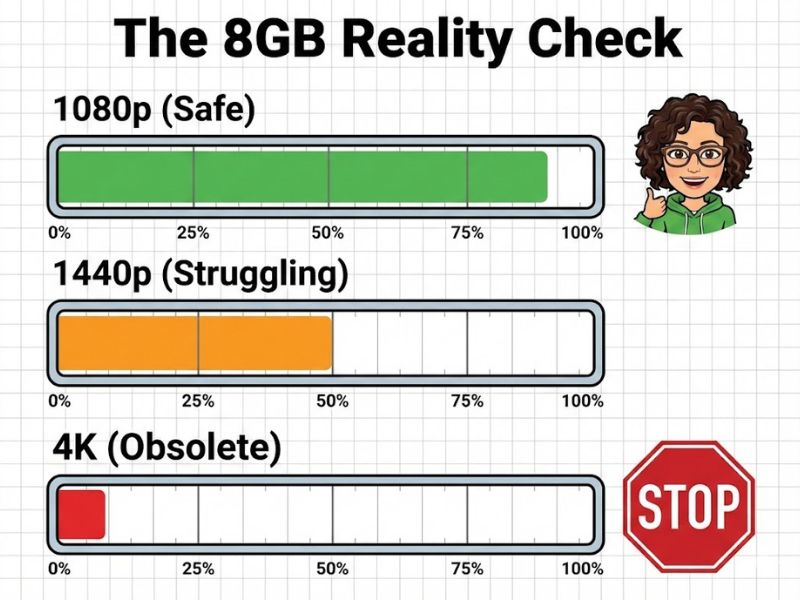 Chart showing 8GB VRAM viability across 1080p, 1440p, and 4K resolutions.