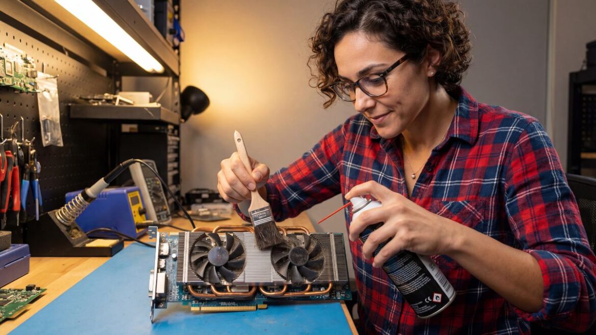 Elena Rodriguez optimizing an older graphics card in a workshop.