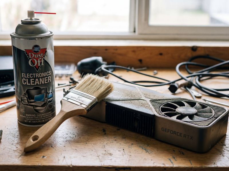 Can of compressed air and anti-static brush for GPU cleaning