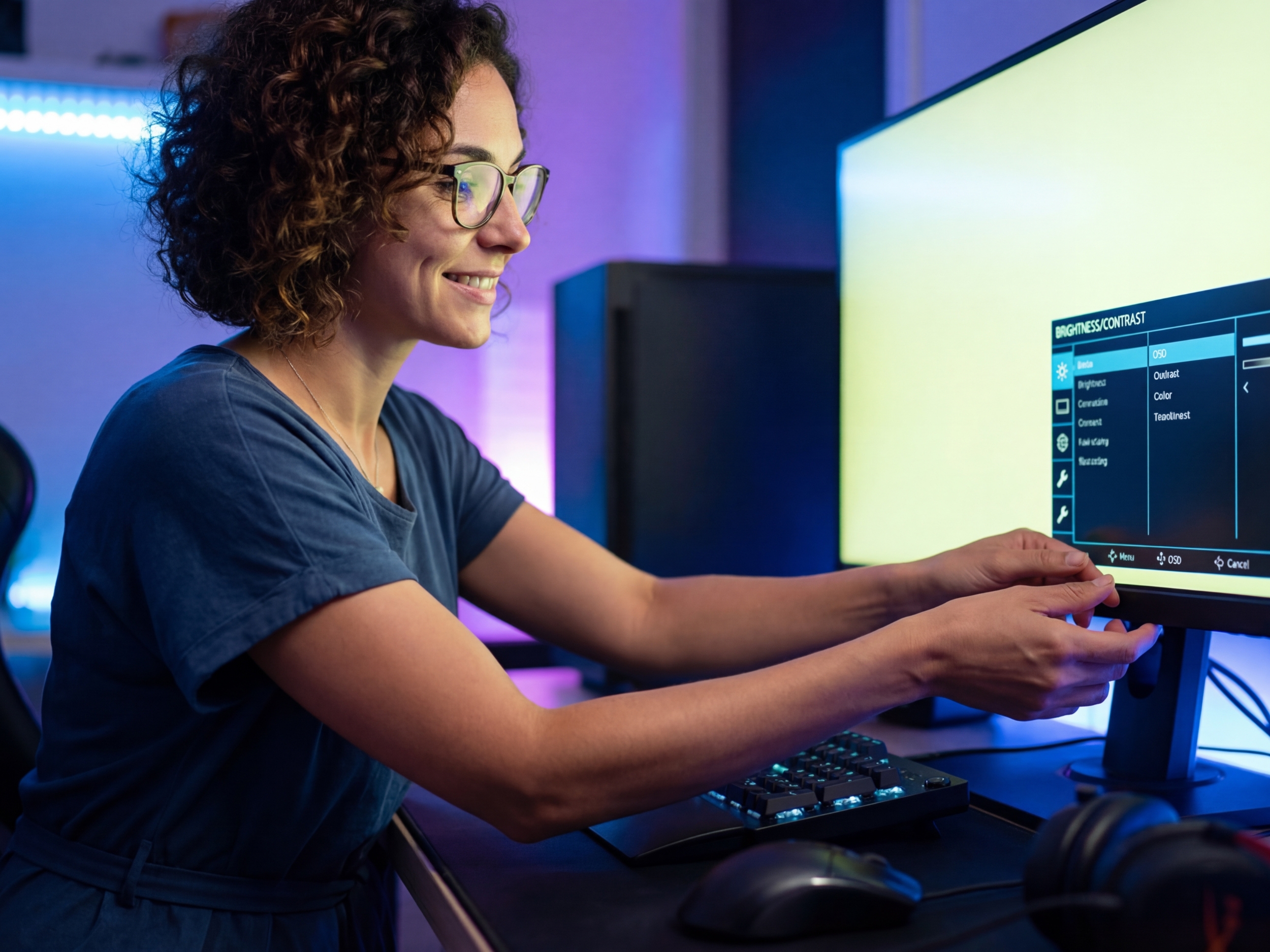 Elena Rodriguez adjusting settings on a vibrant gaming monitor