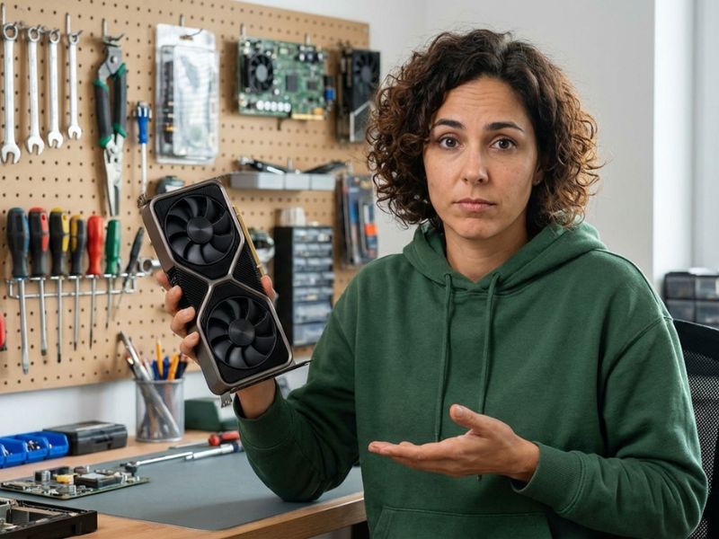 Rodriguez holding an 8GB GPU with a pragmatic expression.