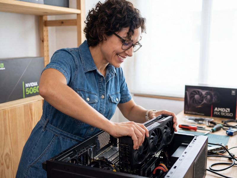 Elena Rodriguez holding the RX 9060 with a satisfied expression.