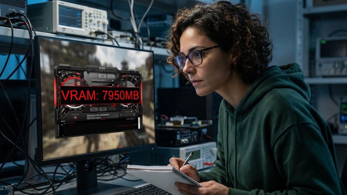 Elena Rodriguez analyzing VRAM usage on a gaming monito
