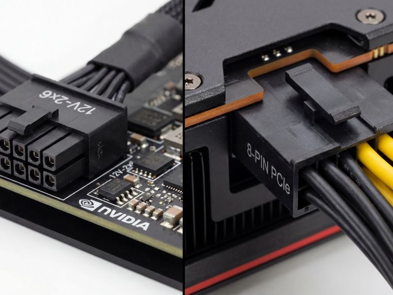 Close-up comparison of the 12V-2x6 power connector vs standard 8-pin.