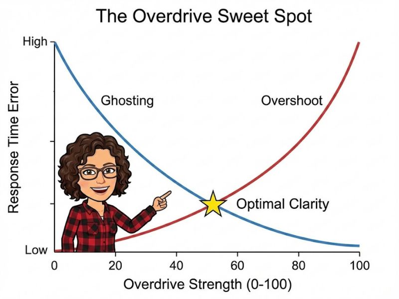 Chart showing the relationship between Overdrive settings, Ghosting, and Overshoot (Inverse Ghosting).