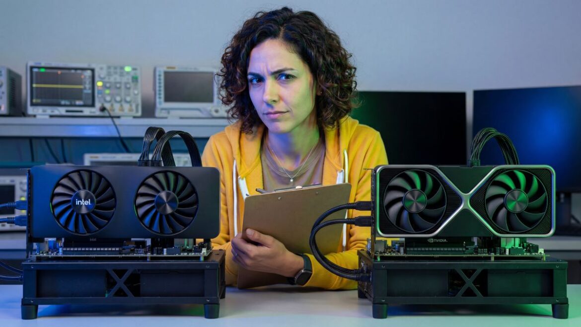 Elena Rodriguez comparing Intel Arc B570 and RTX 5060 on a test bench.