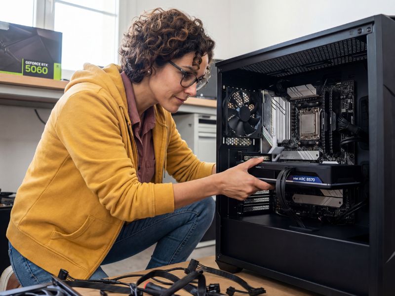 Elena Rodriguez installing the Arc B570 into a budget build.