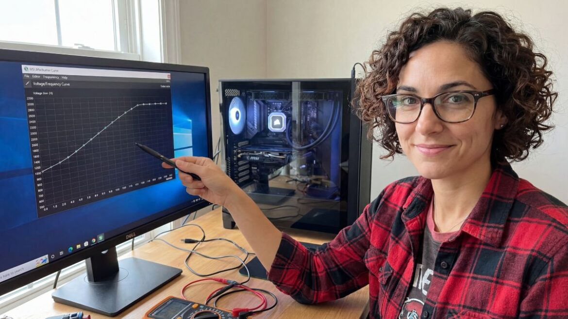 Elena Rodriguez analyzing a GPU voltage curve on a monitor.