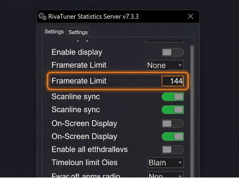 Screenshot of RivaTuner Statistics Server showing a frame rate limit.